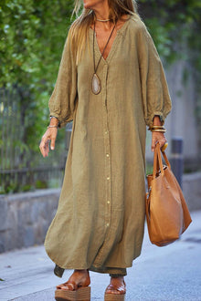 Dress Woman Veanna – Elegant Long Sleeve Dress with V Neck & Buttoning