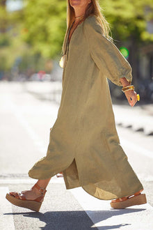 Dress Woman Veanna – Elegant Long Sleeve Dress with V Neck & Buttoning