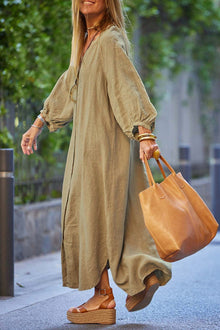 Dress Woman Veanna – Elegant Long Sleeve Dress with V Neck & Buttoning