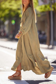 Dress Woman Veanna – Elegant Long Sleeve Dress with V Neck & Buttoning