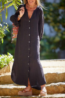 Dress Woman Veanna – Elegant Long Sleeve Dress with V Neck & Buttoning