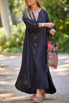 Dress Woman Veanna – Elegant Long Sleeve Dress with V Neck & Buttoning