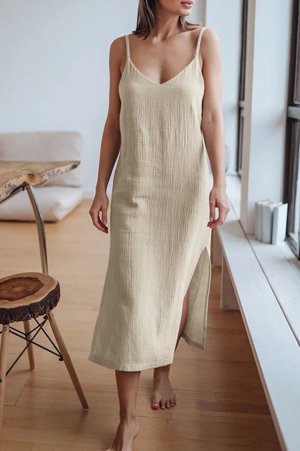 Summer Dress Women Cristy – Midi Linen Cami Dress with V Neck, Spaghetti Straps & Slit