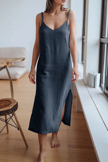 Summer Dress Women Cristy – Midi Linen Cami Dress with V Neck, Spaghetti Straps & Slit