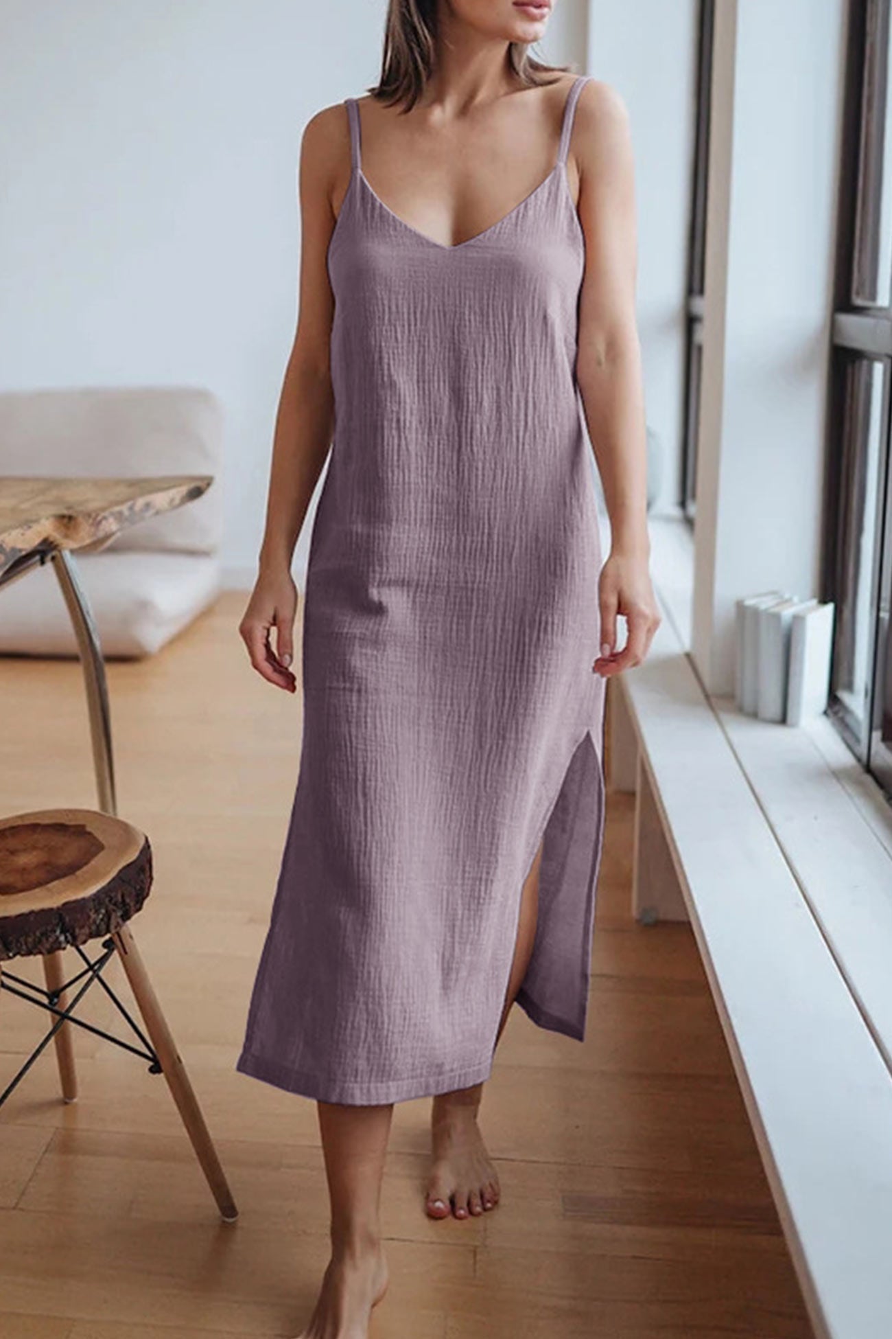 Summer Dress Women Cristy – Midi Linen Cami Dress with V Neck, Spaghetti Straps & Slit