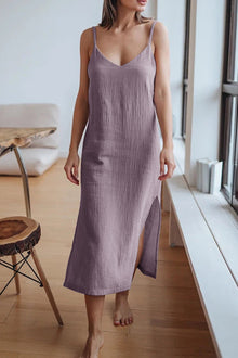 Summer Dress Women Cristy – Midi Linen Cami Dress with V Neck, Spaghetti Straps & Slit