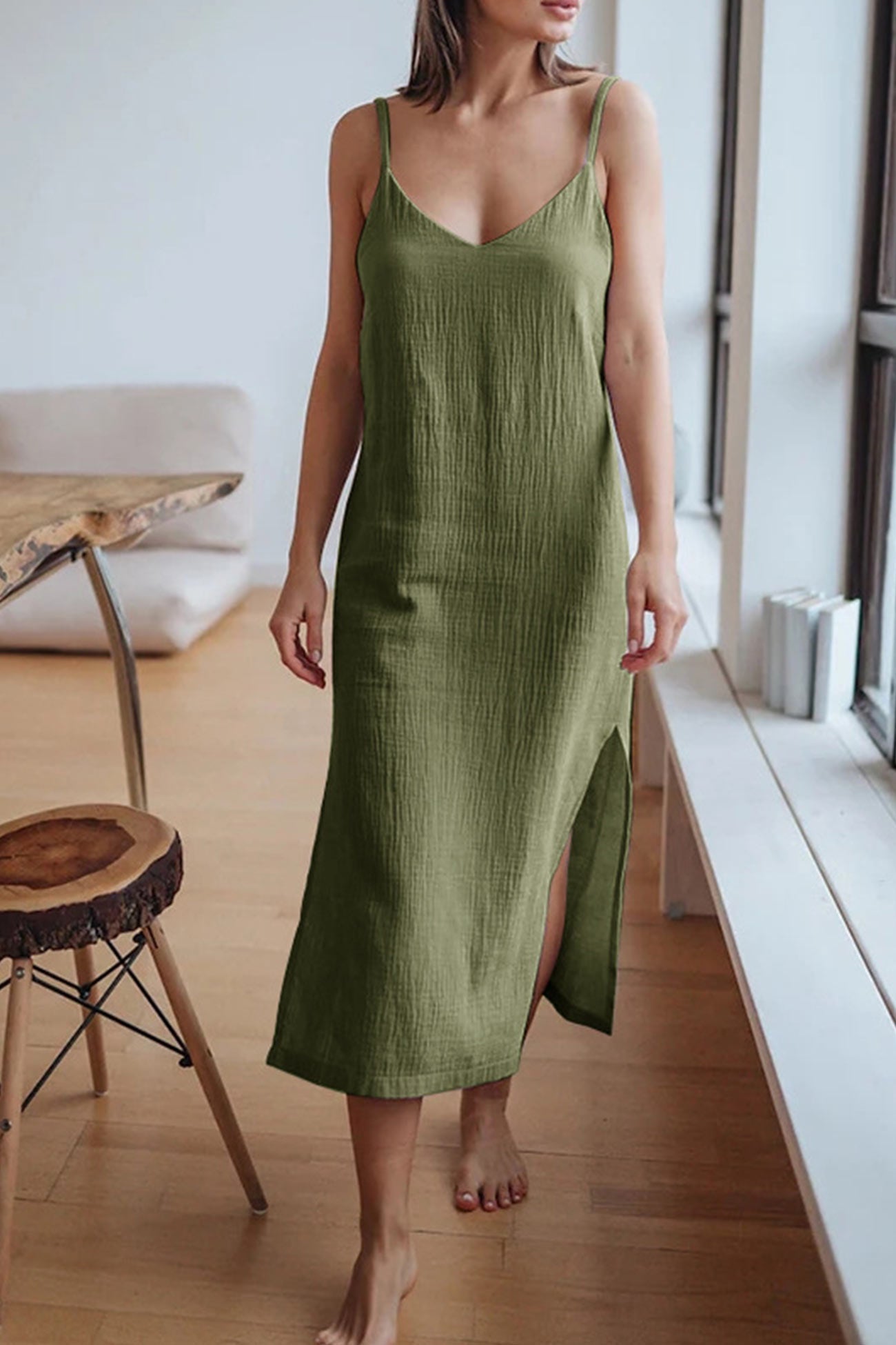 Summer Dress Women Cristy – Midi Linen Cami Dress with V Neck, Spaghetti Straps & Slit