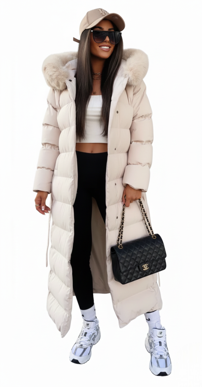 Vera Women's Long Winter Coat – Elegant Puffer Jacket with Faux Fur Collar and Belt