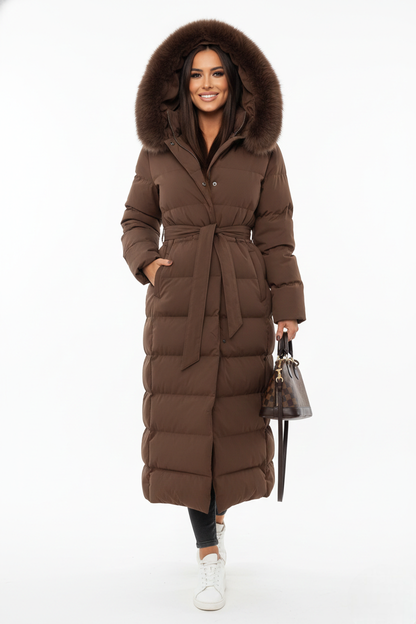 Vera Women's Long Winter Coat – Elegant Puffer Jacket with Faux Fur Collar and Belt