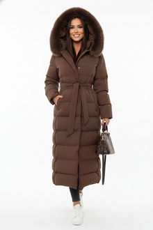 Vera Women's Long Winter Coat – Elegant Puffer Jacket with Faux Fur Collar and Belt