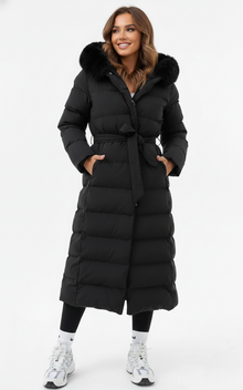 Vera Women's Long Winter Coat – Elegant Puffer Jacket with Faux Fur Collar and Belt