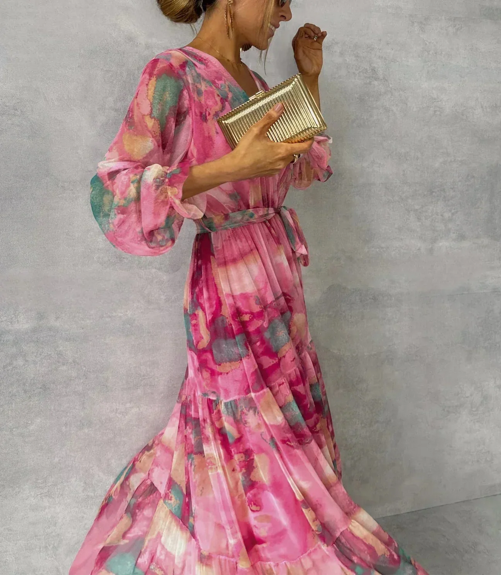 Long Dress Woman Kate – Elegant Pink Floral Dress with Long Sleeves & Flowing Cut