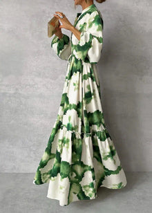 Robe Longue Femme Zia – Elegant Green Dress with Long Sleeves & Deep V-Neck Versatile