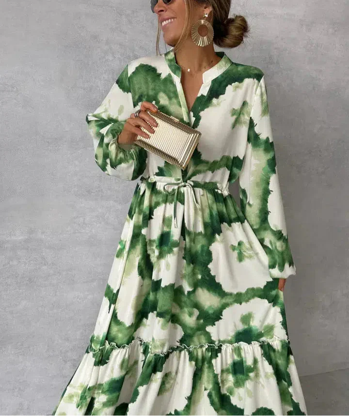 Robe Longue Femme Zia – Elegant Green Dress with Long Sleeves & Deep V-Neck Versatile