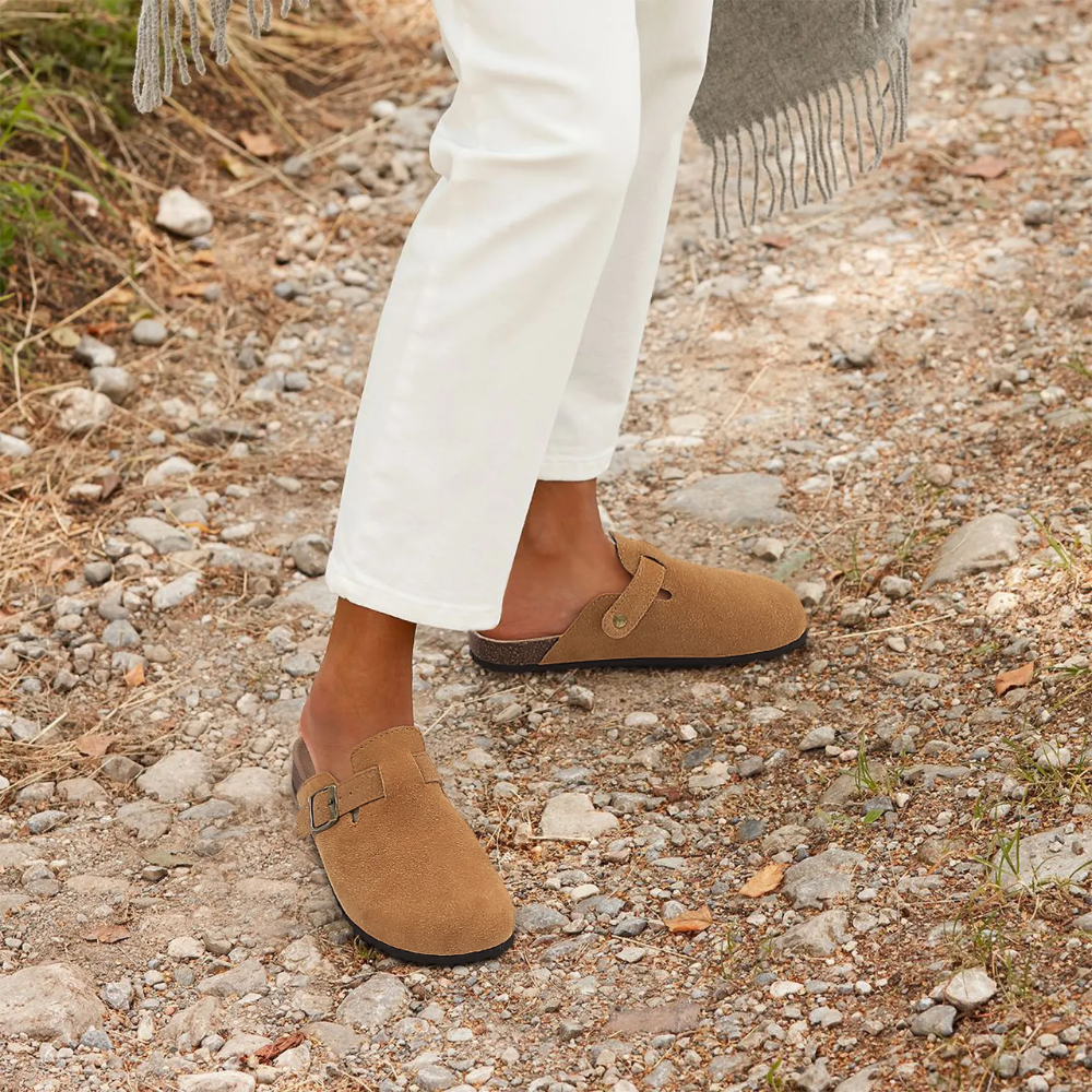 Leana Sabots Femme – Slip-on Suede with Adjustable Buckle & Anatomical Comfort Sole