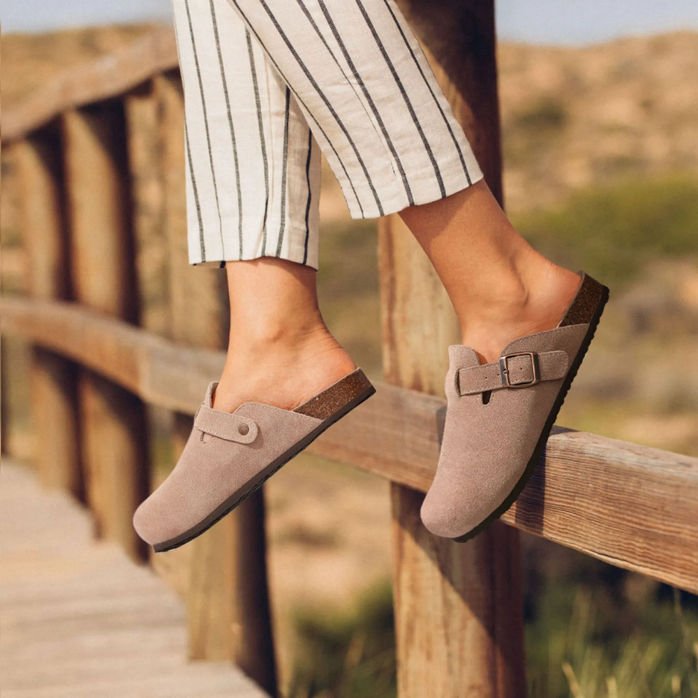 Leana Sabots Femme – Slip-on Suede with Adjustable Buckle & Anatomical Comfort Sole