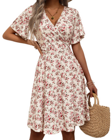 Mella Women's Dress – Floral Wrap Dress with V-Neck, A-Line Cut & Ruffles