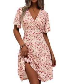 Mella Women's Dress – Floral Wrap Dress with V-Neck, A-Line Cut & Ruffles