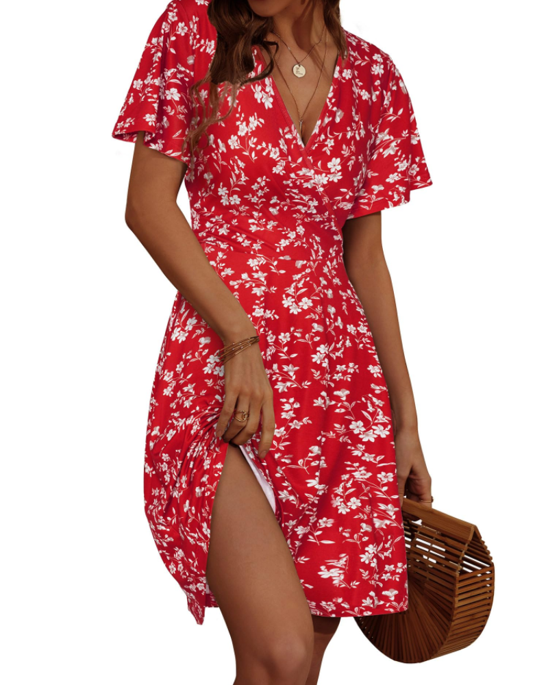Mella Women's Dress – Floral Wrap Dress with V-Neck, A-Line Cut & Ruffles