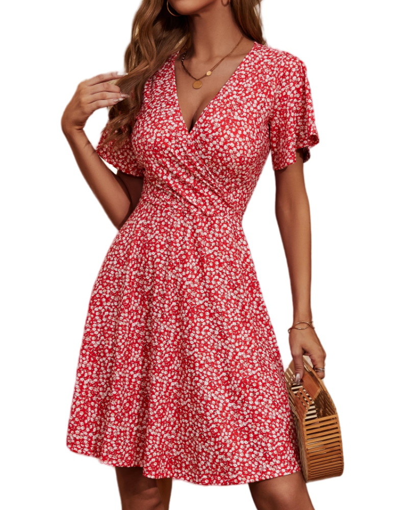 Mella Women's Dress – Floral Wrap Dress with V-Neck, A-Line Cut & Ruffles