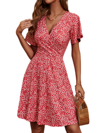 Mella Women's Dress – Floral Wrap Dress with V-Neck, A-Line Cut & Ruffles