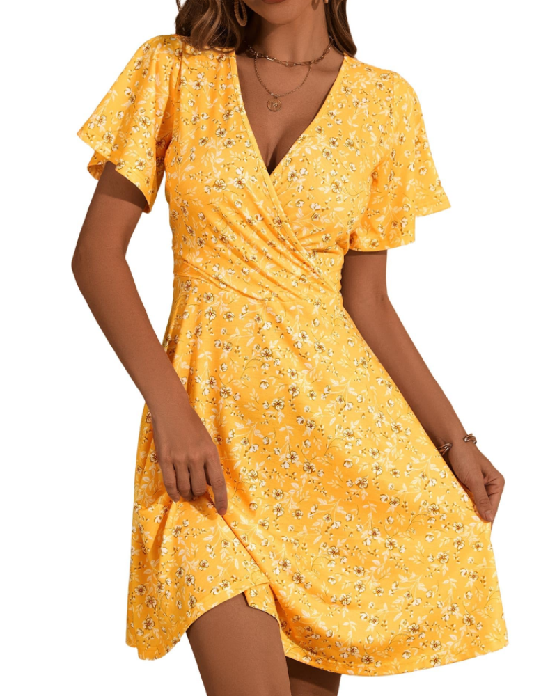Mella Women's Dress – Floral Wrap Dress with V-Neck, A-Line Cut & Ruffles