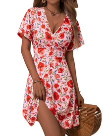 Mella Women's Dress – Floral Wrap Dress with V-Neck, A-Line Cut & Ruffles