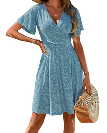 Mella Women's Dress – Floral Wrap Dress with V-Neck, A-Line Cut & Ruffles