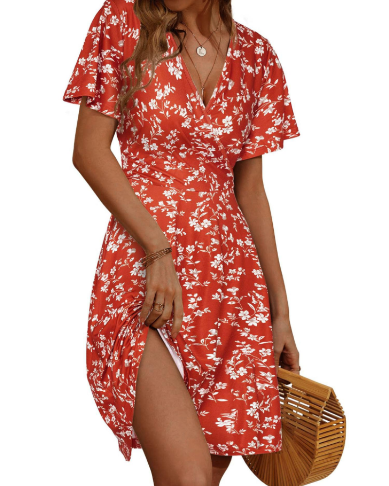 Mella Women's Dress – Floral Wrap Dress with V-Neck, A-Line Cut & Ruffles