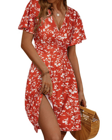 Mella Women's Dress – Floral Wrap Dress with V-Neck, A-Line Cut & Ruffles