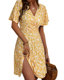 Mella Women's Dress – Floral Wrap Dress with V-Neck, A-Line Cut & Ruffles