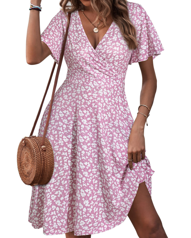 Mella Women's Dress – Floral Wrap Dress with V-Neck, A-Line Cut & Ruffles