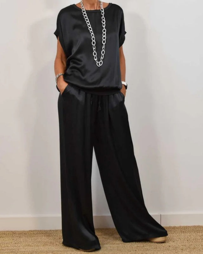 Portia Satin Women's Set – 2 Pieces Wide-Leg Pants & Elegant Flowing Top