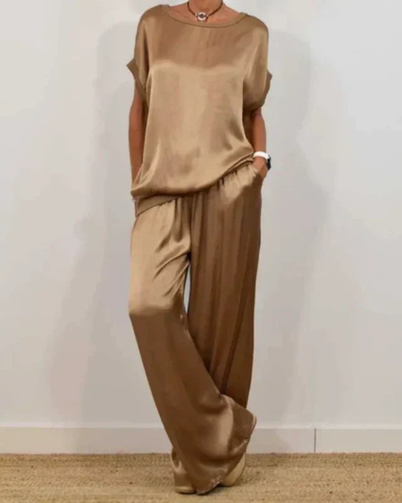 Portia Satin Women's Set – 2 Pieces Wide-Leg Pants & Elegant Flowing Top