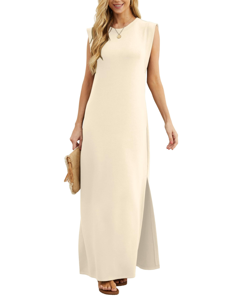 Erin Maxi Dress for Women Summer – Sleeveless Round Neck with Slit & Pockets