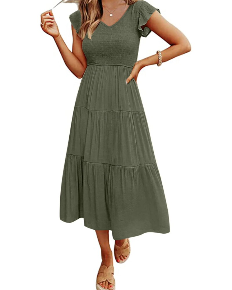 Skye Midi Dress for Women – V-Neck, Smocked, Flounced Sleeves & Pockets