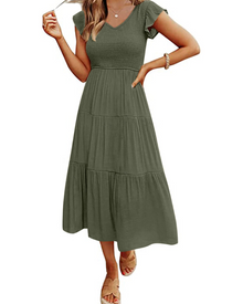 Skye Midi Dress for Women – V-Neck, Smocked, Flounced Sleeves & Pockets