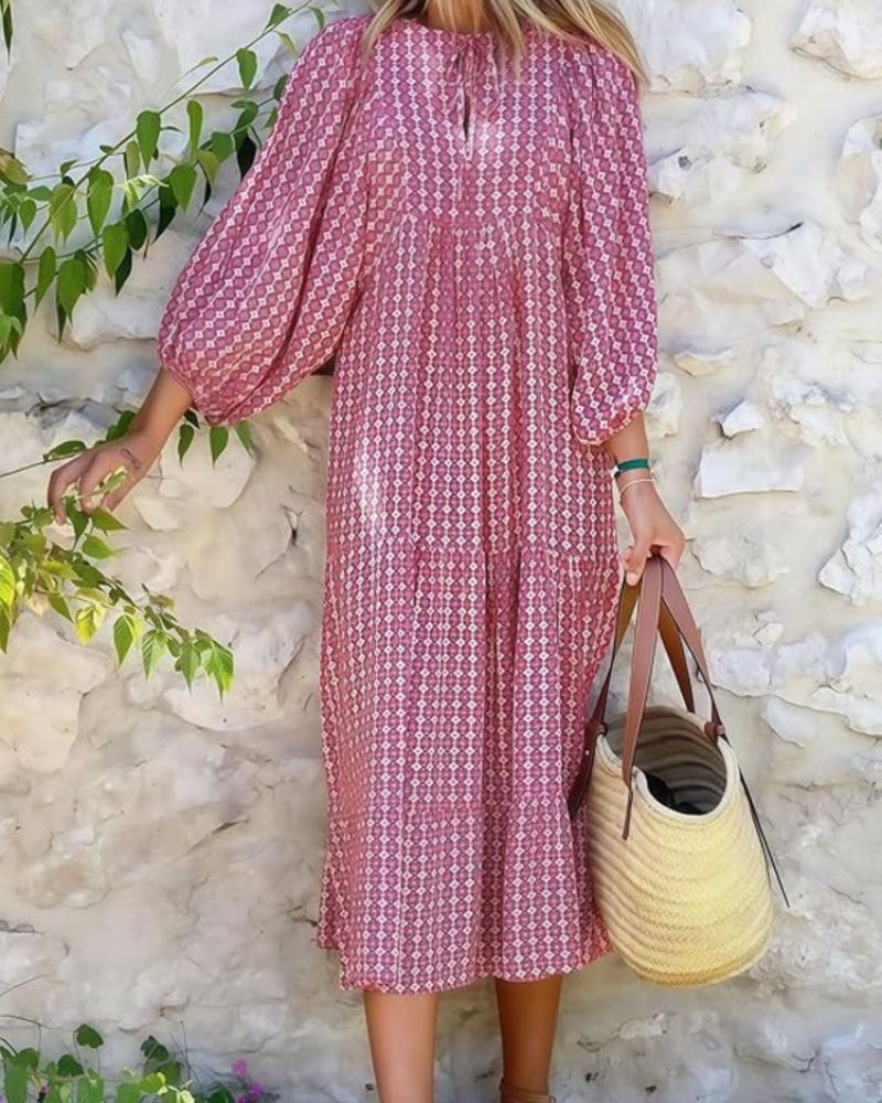 Rina Women's Boho Dress – Floral Print, V-Neck & Flowing Puff Sleeves Summer