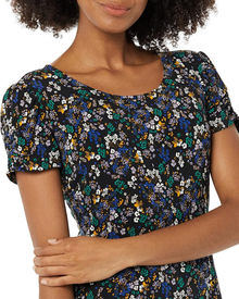 Girlie Robe Femme A-Line – Col Rond, Manches Courtes Froncées, Coupe Fluide