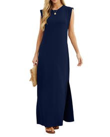Erin Maxi Dress for Women Summer – Sleeveless Round Neck with Slit & Pockets