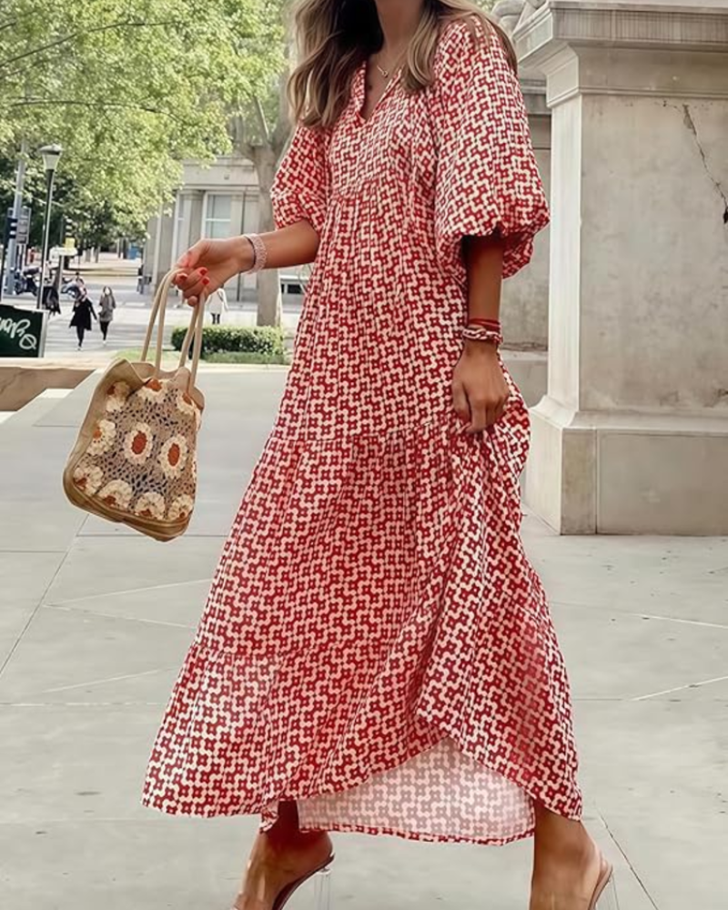 Rina Women's Boho Dress – Floral Print, V-Neck & Flowing Puff Sleeves Summer