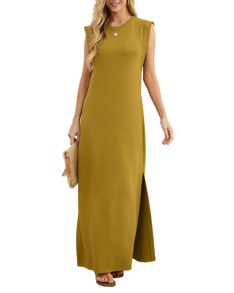 Erin Maxi Dress for Women Summer – Sleeveless Round Neck with Slit & Pockets