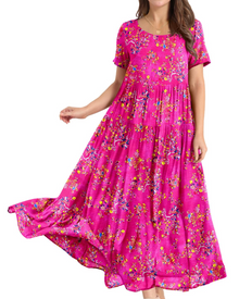 Rina Maxi Dress for Women – Bohemian Floral Cotton Dress with Round Neck & Pockets Summer