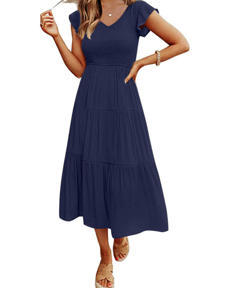 Skye Midi Dress for Women – V-Neck, Smocked, Flounced Sleeves & Pockets