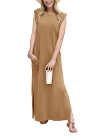Erin Maxi Dress for Women Summer – Sleeveless Round Neck with Slit & Pockets