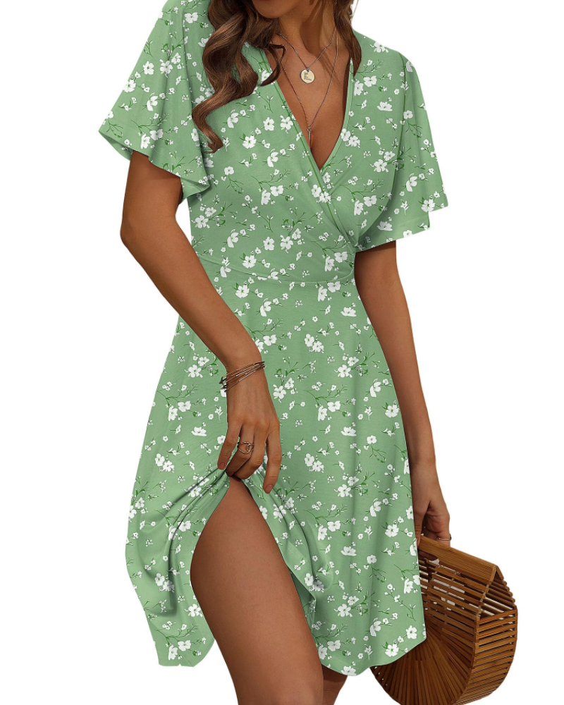 Faith Midi Summer Dress for Women – Wrap V-Neck with Ruffled Sleeves