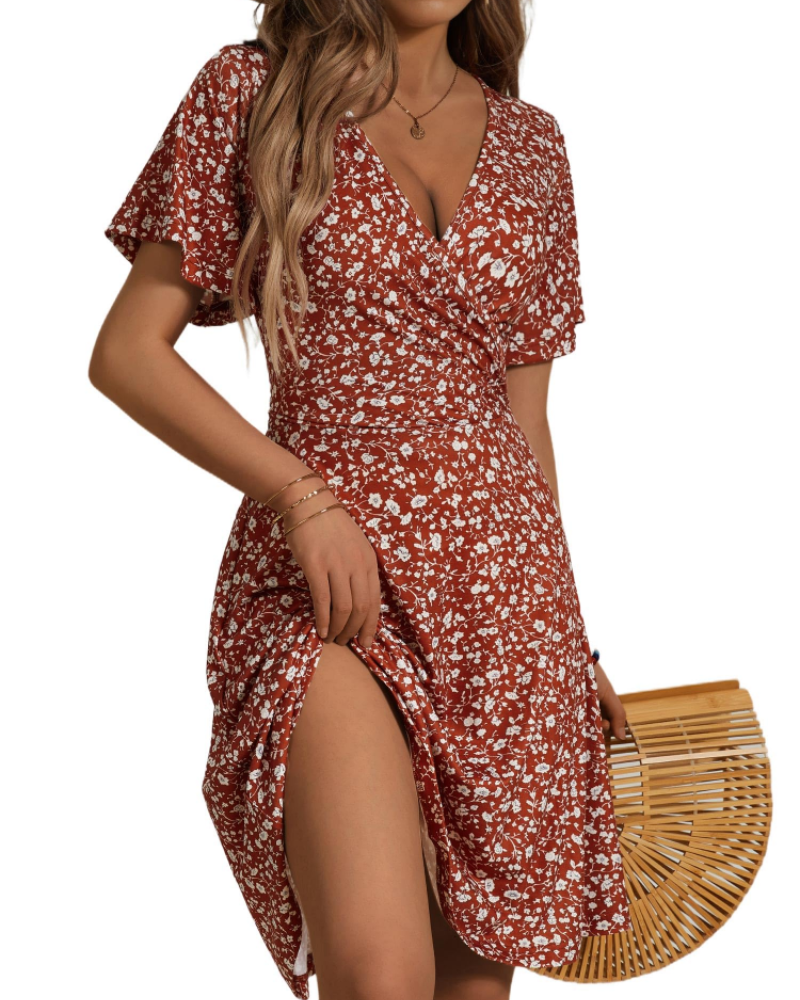 Faith Midi Summer Dress for Women – Wrap V-Neck with Ruffled Sleeves