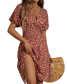 Faith Midi Summer Dress for Women – Wrap V-Neck with Ruffled Sleeves