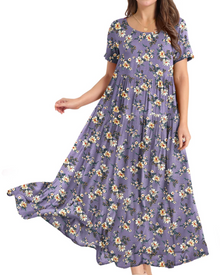 Rina Maxi Dress for Women – Bohemian Floral Cotton Dress with Round Neck & Pockets Summer