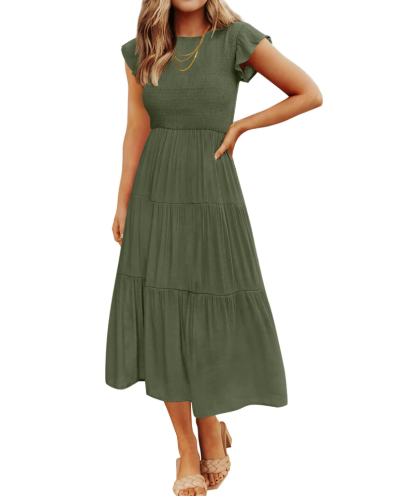 Gemma Midi Dress for Women Summer – Smocked Waist Flounced Sleeves